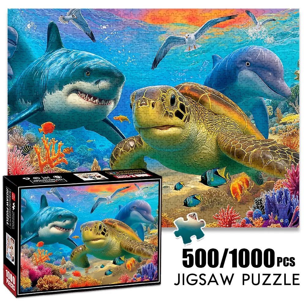 1pc 1000 piece adult puzzle 70x50cm Shark, Dolphin, Turtle and Colorful Fish in Ocean Scene 500 pieces paper jigsaw puzzle suitable for DIY creative games for adults and families, birthday and hol