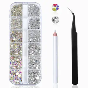Complete DIY Nail Art Rhinestone Kit - 2400Pcs AB Flatback Rhinestones with Essential Tools (Wax Pen, Tweezers, Case), 6 Sizes 1.5-4.5mm Bling Charms for Salon-Quality Manicure at Home