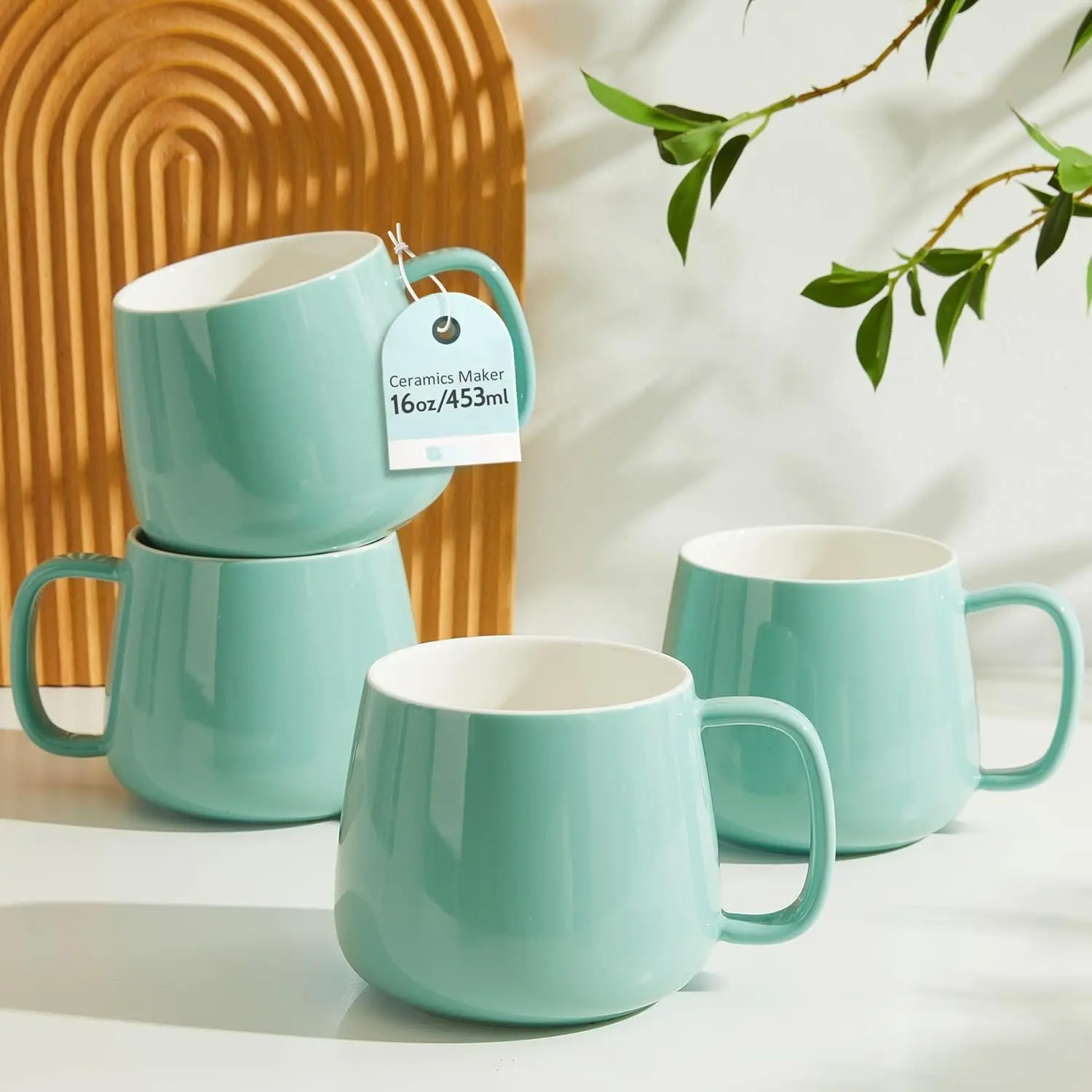 16oz Ceramic Coffee Mugs Set of 4 - Stackable Latte Cups, Microwave, Dishwasher & Oven Safe - Ideal for Coffee, Cappuccino, Hot , Housewarming Gifts, Mint Green