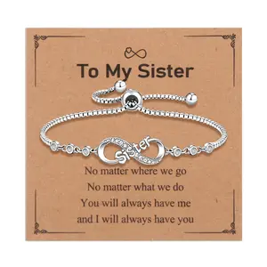 To My Sister Infinity Bracelet for Women & Girls – Silver Stainless Steel Link Charm Bracelet with CZ Stones, “Sister” Engraved Infinity Symbol, Adjustable Slider, Birthday Graduation Anniversary Gift