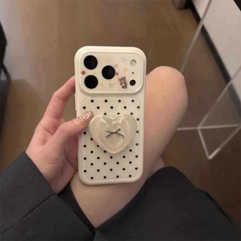 Phone case Protector, Enlarged View Window Design, Milk white polka dot teddy bear Pattern, Sparkling pink stand, Protective smartphone cover, Mobile phone accessory, Suitable for iPhone 11 12 13 14 15 Pro Max, Accessories