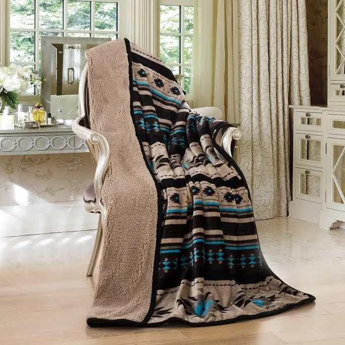Linen Mart - Southwestern Aztec Sherpa Borrego Fleece Throw Blanket
