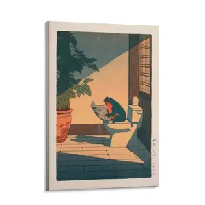 Funny Frog Bathroom Decor Wall Art,Cute Japanese Animal Canvas Wall Decor Painting,Whimsical Frog on Toilet Reading Newspaper Artwork Poster Prints Pictures for Bathroom Restroom
