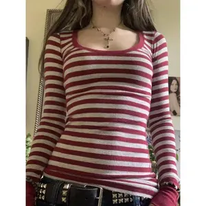 Women’s Y2K fairy grunge striped sweater tops, goth e-girl long-sleeve crewneck knit shirts, slim-fit pullover top for spring/fall, going-out vintage aesthetic tees, fabric knitwear
