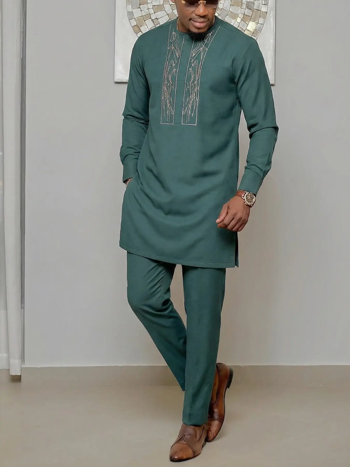 Muslim Men's African Boubou Set, Long Sleeve Embroidered Ethnic Suit, Elegant Modest Fashion Formal Wear for Festivals Weddings Parties Gifts