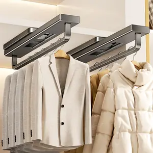 Space Aluminum Material Home Suction Cup Wardrobe Hanger Multifunctional No-Drill Retractable Cabinet Clothes Pants Storage Magic Tool