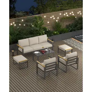 7-Seat Aluminum Patio Furniture Set, Outdoor Conversation Set with Coffee Table, 6-Piece Metal Sectional Sofa, Suitable for Balcony, Garden, Deck, Backyard (Beige)