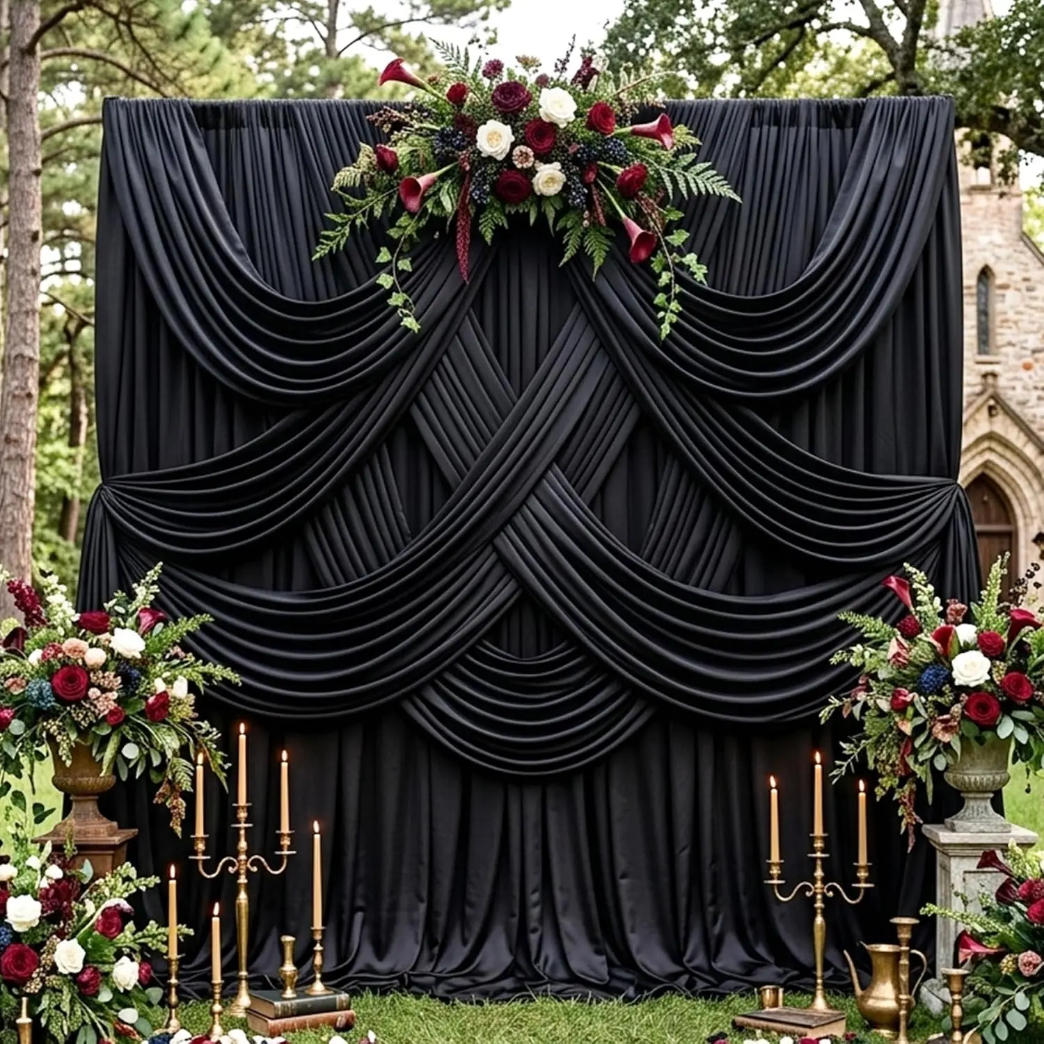 8-Panel Wrinkle-Free Silky Polyester Black Backdrop Curtains - 2-Panel Sets (4x10ft), Wedding, Party Photography Decor Drapes for Photoshoots