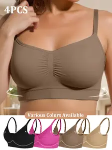 4PCS EssElegance Wireless Everday Solid Sports Bra Breathable Bralette Gym Workout Wear, Anti-Shock for Yoga, Running, Training, Gym Workout Clothes