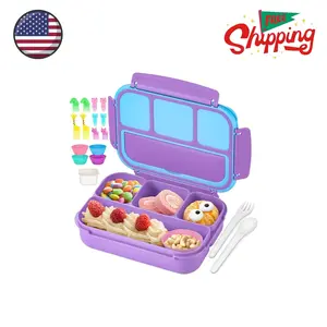 Bento Lunch Box Containers with 4 Compartments, Sauce Container, Utensils, Food Picks and Muffin Cups, Purple