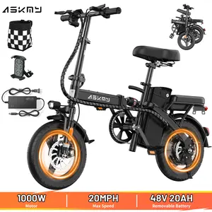 City Folding Electric Bike | 1000W Peak Motor | 48V 20Ah Battery | Up to 45 Miles Range | 14-Inch Tubeless Tires | Front & Rear Dual Disc Brakes | UL Certified Removable Battery | Lightweight Compact Design for Urban Riding