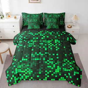 Neon Green Black Gradient Pixel Comforter Set with Sheets 7 Piece Ombre Black Green Bedding Set for Kids Boys Girls Retro Pixel Art Bed in a Bag Gamer Room Decor Room Decor