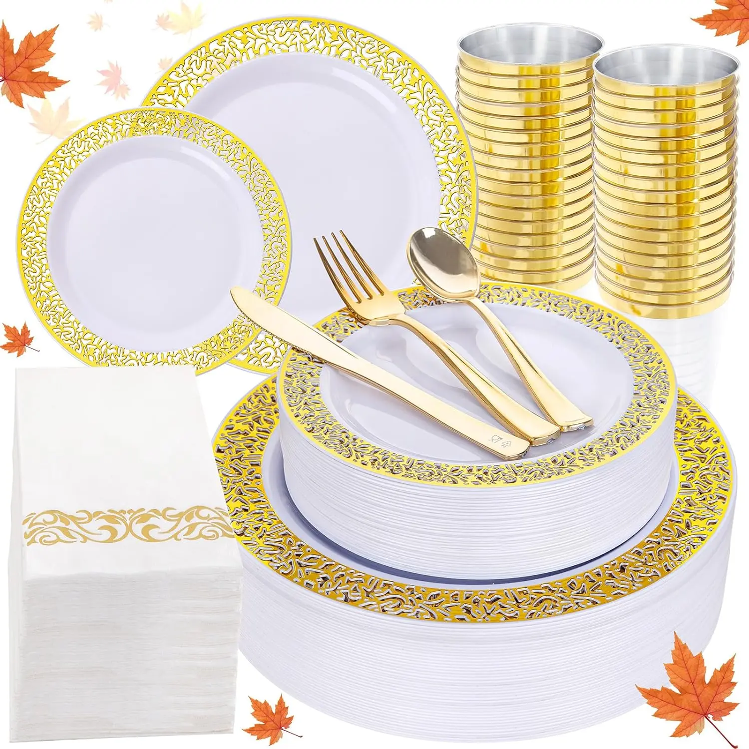 140 pcs White Gold Plastic Plates,Gold Plastic Dinnerware Set Christmas Plastic Plates Includes:20 Dinner Plates,20 Dessert Plates,40 Forks,20 Spoons,20 Knives,20 Plastic Cups 10oz, 20 Paper Napkins