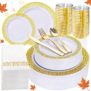 140 pcs White Gold Plastic Plates,Gold Plastic Dinnerware Set Christmas Plastic Plates Includes:20 Dinner Plates,20 Dessert Plates,40 Forks,20 Spoons,20 Knives,20 Plastic Cups 10oz, 20 Paper Napkins
