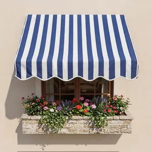 4ft Patio Awning, Window Door Sun Shade Canopy, Outdoor Blue White Stripe Cover, Sturdy Iron Frame, Easy Install Weather Resistant Sun Protection