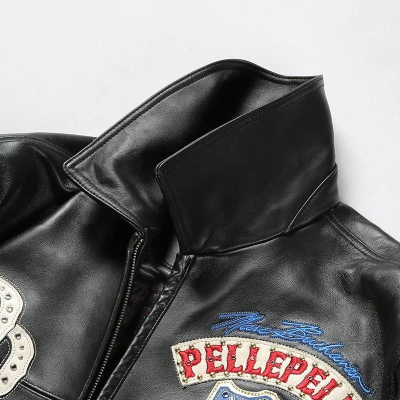 Pelle Pelle Italian Men's Real Sheep Leather Bomber Jacket US Size Black Long Sleeve Traditional Fit for Baseball Rap Rock Music Coats