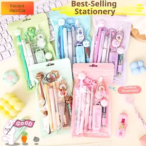 9-piece set of cute stationery, including alien notebook, neutral pen, keychain, multi-color pen, eraser, highlighter, correction tape, pencil, with 5 colors to choose from, suitable for classroom rewards and holiday gifts