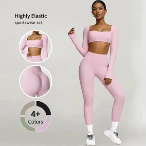 Women's Casual Two-Piece Yoga Set Solid Long Sleeve High Waist Jumpsuit Stretchy Sport Workout Romper Sporty Style Clothes Polyamide Skinny Sportswear for Gym Outfits