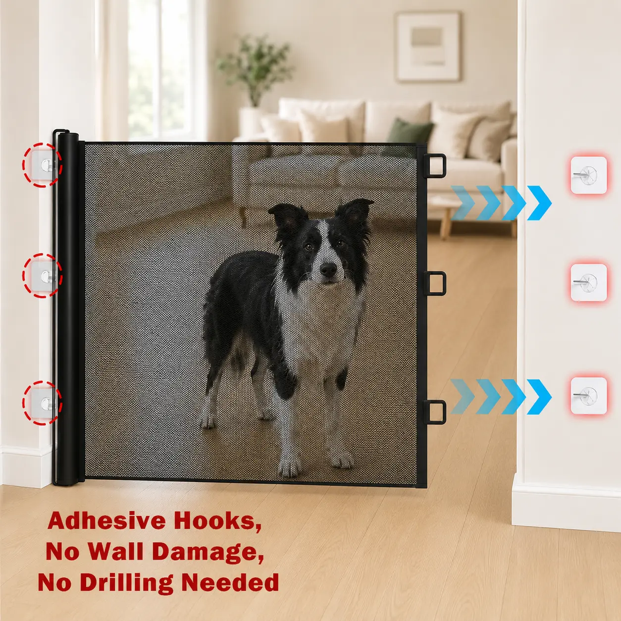 Retractable Pet Gate for Dogs & Cats, No-Drill Reinforced Fabric Mesh Barrier, Portable Indoor/Outdoor Safety Gate for Doorways, Stairs and Living Rooms