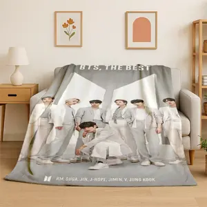 Kpop B-BTS Fashion Group Star Flannel Blanket Soft Warm Throw Blanket for Bedroom Living Room Bed Travel Camping Picnic Gift, Korean Boy Band Fan Blanket Cozy Plush Anime Aesthetic Room Decor