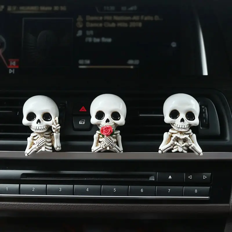 3pcs Cute Skull Decor Car Air Freshener Vent Clip with  Scented Tablets, Goth Car Interior Accessories, Air Outlet Decorations for Horror Skeleton, Auto Scents Dashboard Decorations