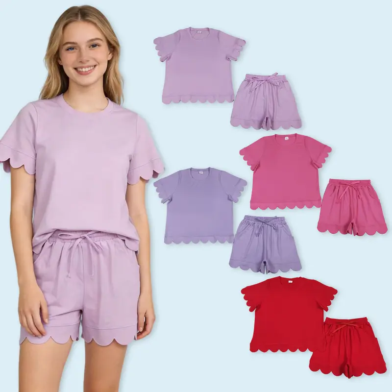 Women's Multi-Size Mommy-and-Me 2-Piece Breathable Matching Set - Scallop Edge Top with Coordinating Shorts for Summer