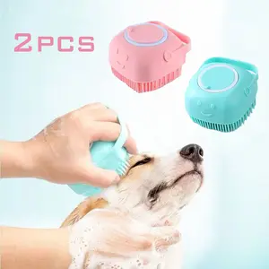 2pcs Pet Bath Brush, Silicone Massage Brush with Shampoo Dispenser- Gentle Massage and Grooming Tool for Dogs and Cats(Blue & Pink)