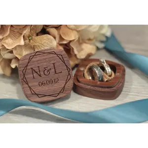Wooden Ring Box with Dark Walnut Finish and Magnetic Lid - Perfect for Wedding or Keepsake Storage - Organizer Burlap Insert Engraved Quad