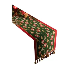 American Style Santa Claus Table Runner Yarn Dyed Jacquard Long Tablecloth Festive Atmosphere Tassel Cover Cloth Bed Runner