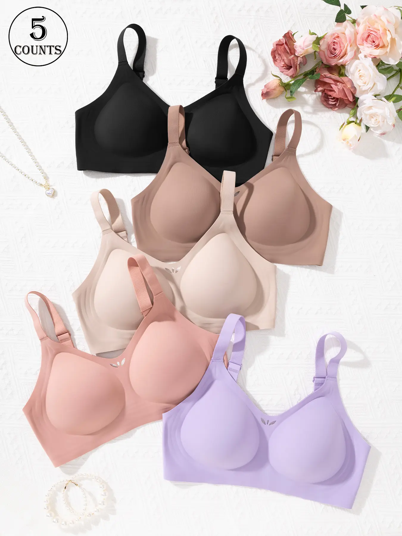 5 pack Solid color non-marking cut-out design women's bra Daily casual sports Underwire-free underwear Comfortable and skin-friendly Anti-sagging gathering High stretch shoulder straps adjustable sexy underwear Soft Comfy Bra, Casual Minimalist Bras