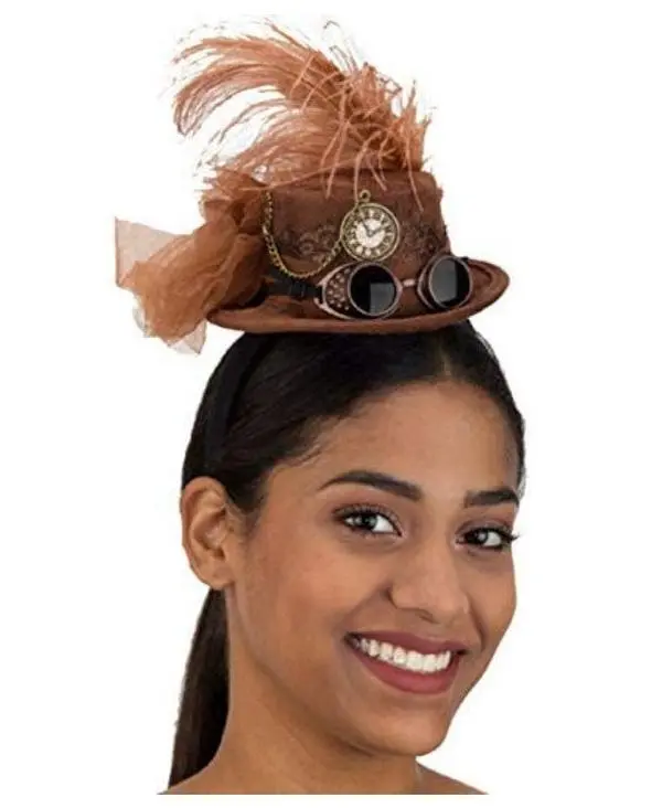 Brown Steampunk Mini Top Hat Headband - Goggles - Costume Accessories - One Size