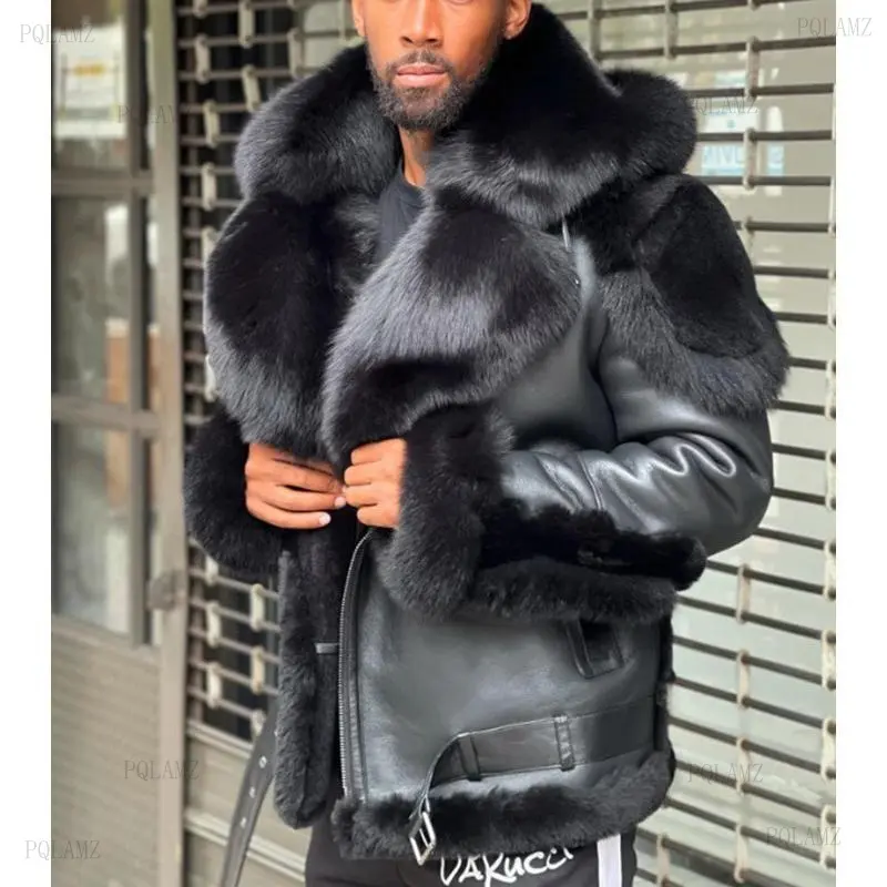 Women's 2025 Black Large Fur Collar Hooded Thick Fleece Leather Coat, Style 6556, Coats