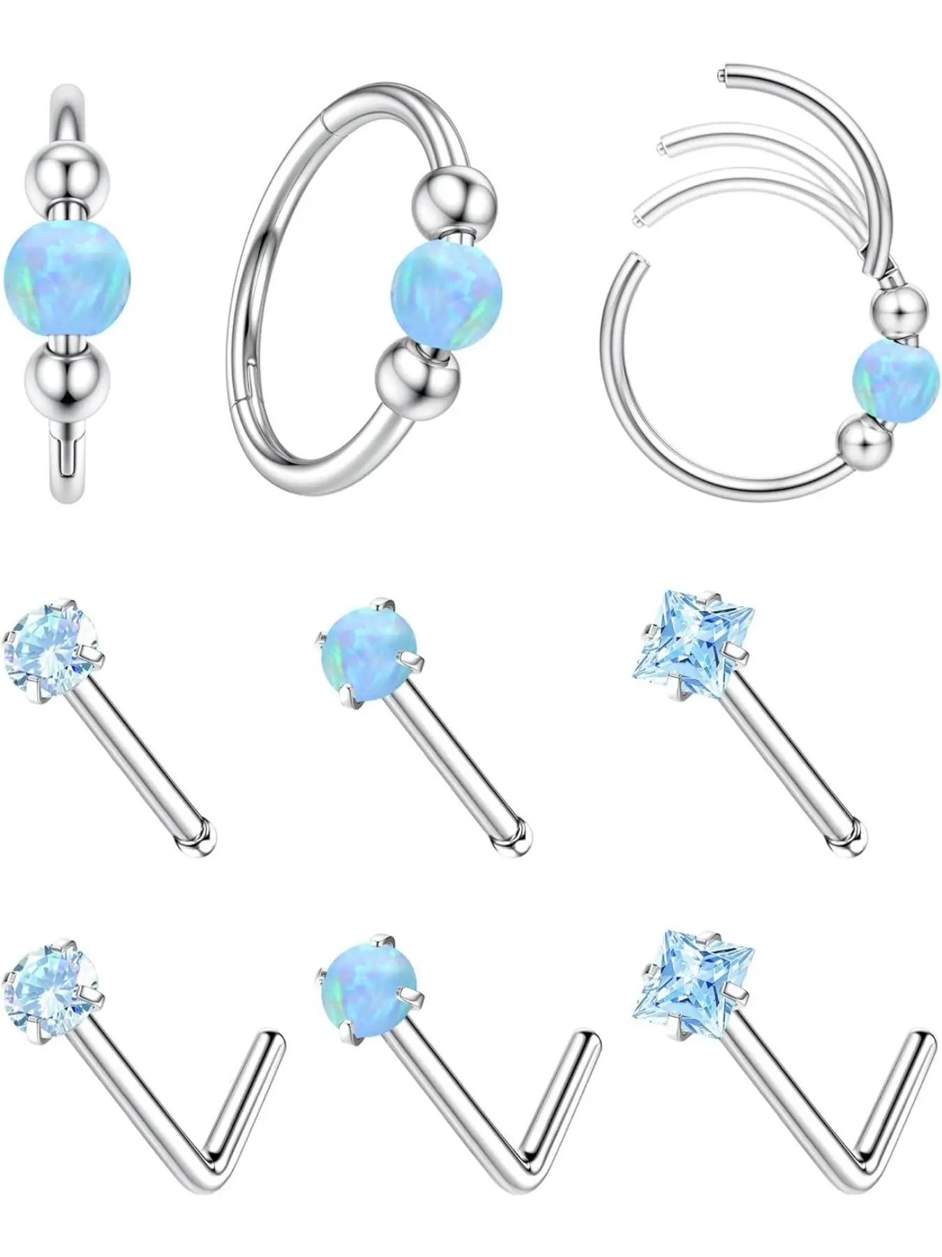 Opal Nose Rings Set for Women Men Hypoallergenic Nose Piercing Jewelry 316L Stainless Steel Nose Studs 20G Opal CZ Nose Rings Hoops 8/10MM Septum Cartilage Helix Rook 2nd/3rd Earlobe Lip Piercings