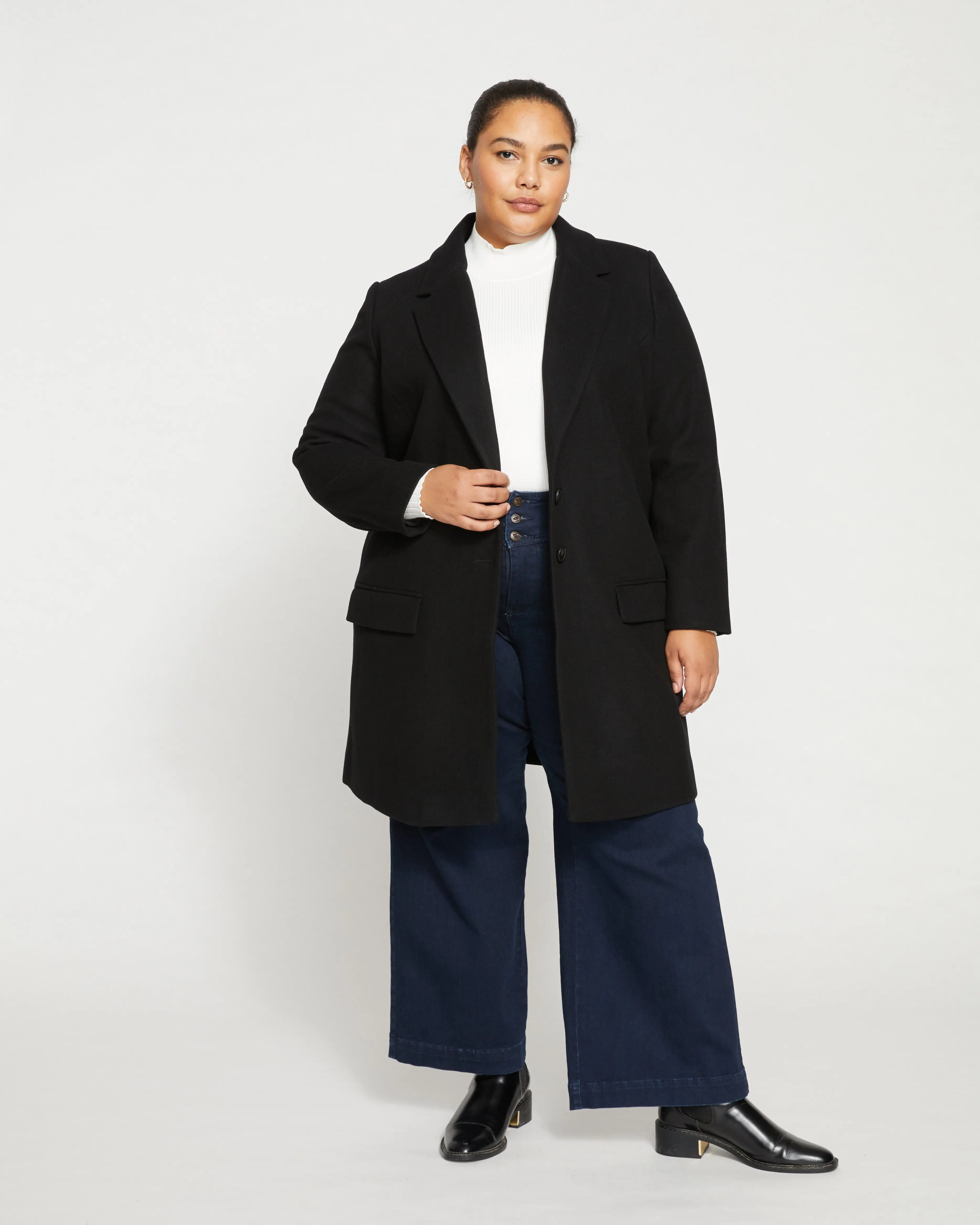Women's Harlow Tailored Coat in a Classic Black Wool Blend with a Flattering Fit for Every Wardrobe, Fits, Style, Basic, Minimalist, Long Sleeve, Outerwear, Jackets, 80% Wool Blend, Two Buttons