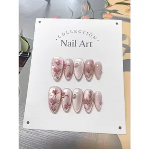 Hand Painted Press On Nails: Pink Flowers Cat Eye, Reusable Faux Nails Nail Art Kit Nail Box