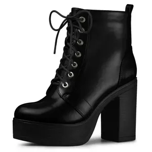 BLISSFUL STEP Platform Lace Up Chunky Heel Western Combat Boots for Women