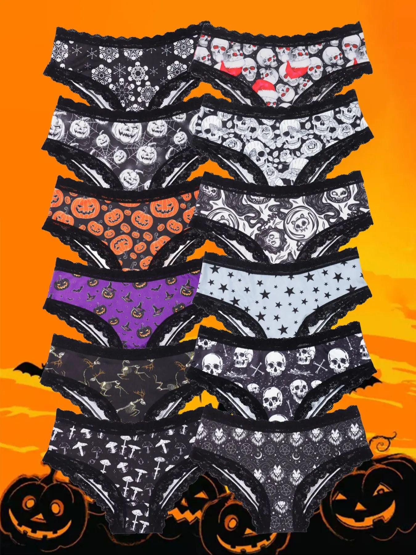 Morvia 12pcs Sexy Cute Gothic Halloween Contrast Lace Hipster Panties, Allover Print Comfy Intimates Briefs Panties, Women's Underwear & Lingerie, Soft Comfy Knicker Fit Panties, Casual Panties, Stretch Hipster Briefs