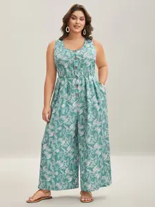BLOOMCHICPlus Size Floral Print Stretchy Overalls, Summer Turn-Up Sleeve Jumpsuit with Buttons, Pockets & Fitted Flattering Fit, Size, [M-6X]2026 Summer Vibes Swimweek