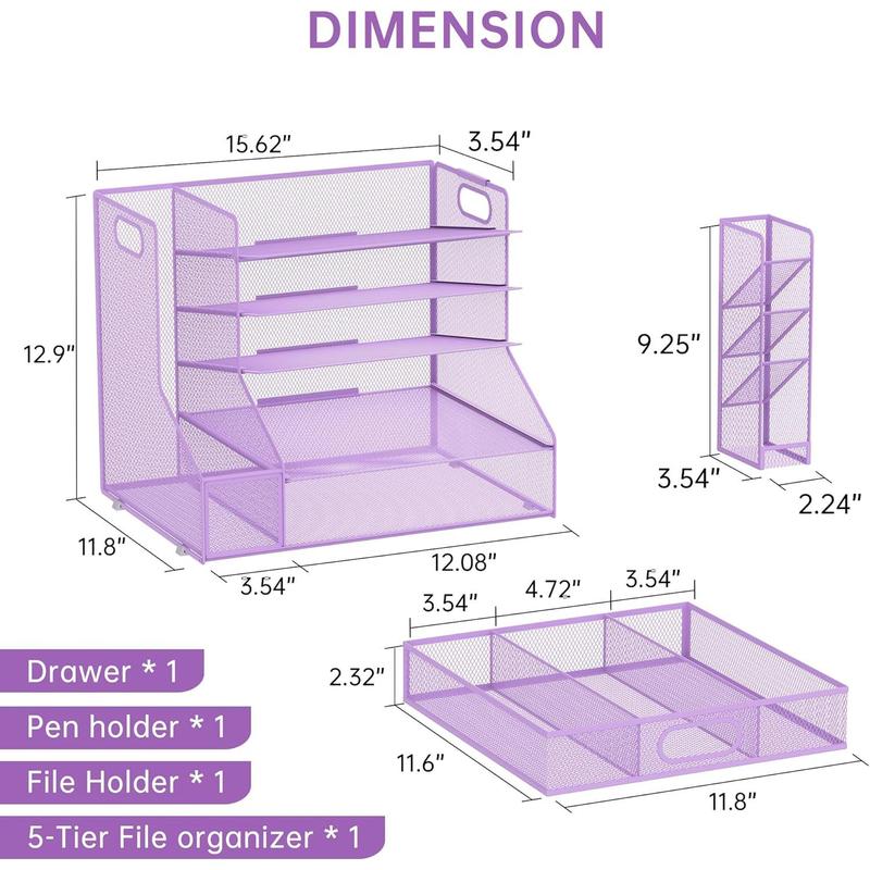 Desk Organizer with File Holder, 5-Tier Mesh Paper Letter Tray Organizer with Pen Holder and Drawer, Desktop Organizer and Storage with 3 Tilted File Sorter for Office Supplies, Purple