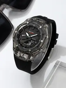 Men's Fashionable Round Dial Digital Watch, Casual Sporty with Led Light, Trendy Multifunctional Tactical Sport Watch for Outdoor Sports
