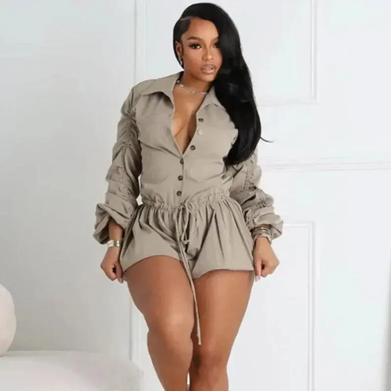 Casual Playsuit Woman Jumpsuit Shorts Long Sleeve Single Breasted Turn-down Collar Drawstring Waist One Pieces Romper