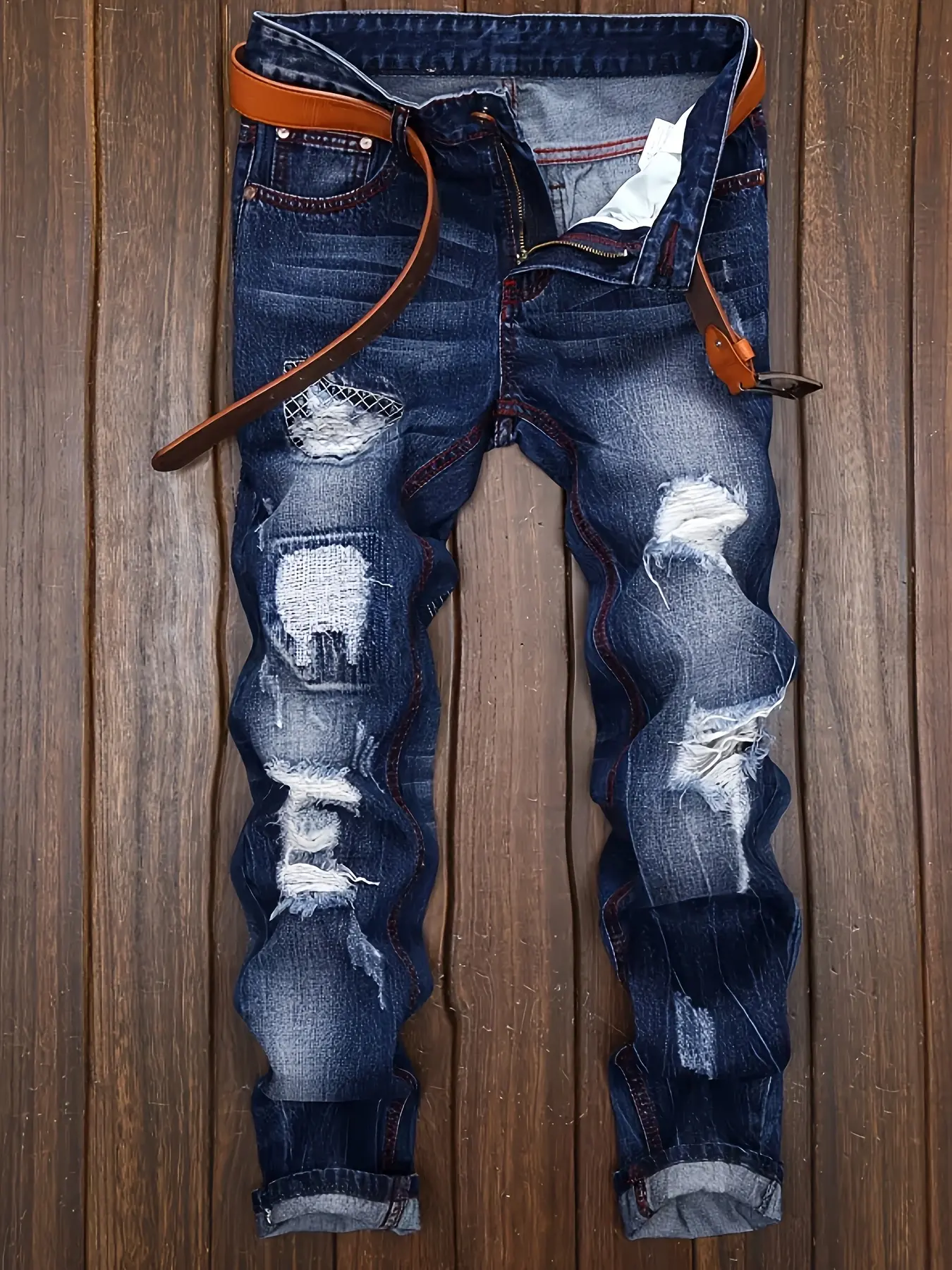 Men's ripped straight skinny distressed motorcycle jeans Menswear Casual