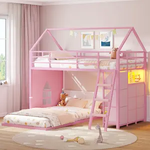 The Bunk Bed Twin Over Twin with 6 Storage Drawers and 3 Open Bins, House Bunk Bed with LED Lights, L-Shaped Low Bunk Beds with Safety Guardrail & Ladder, Metal Floor Twin Bunk Bed for Kids, Black