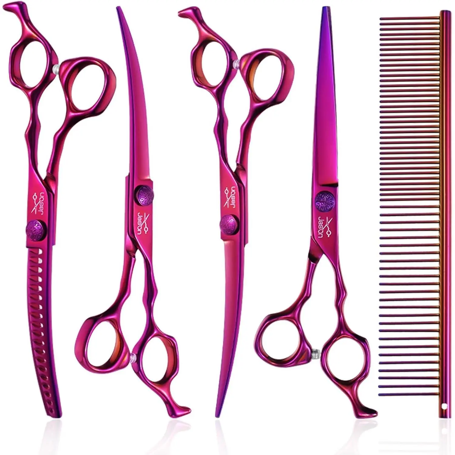 JASON Dog Grooming Scissors Set - Professional 6 in 1 Dog Shears Set - 7" Curved Chunker, 7" Straight, 7" Up-Curved, 7" Down-curved Scissors and Comb for Dog Cat Pet with Adjustable Screw