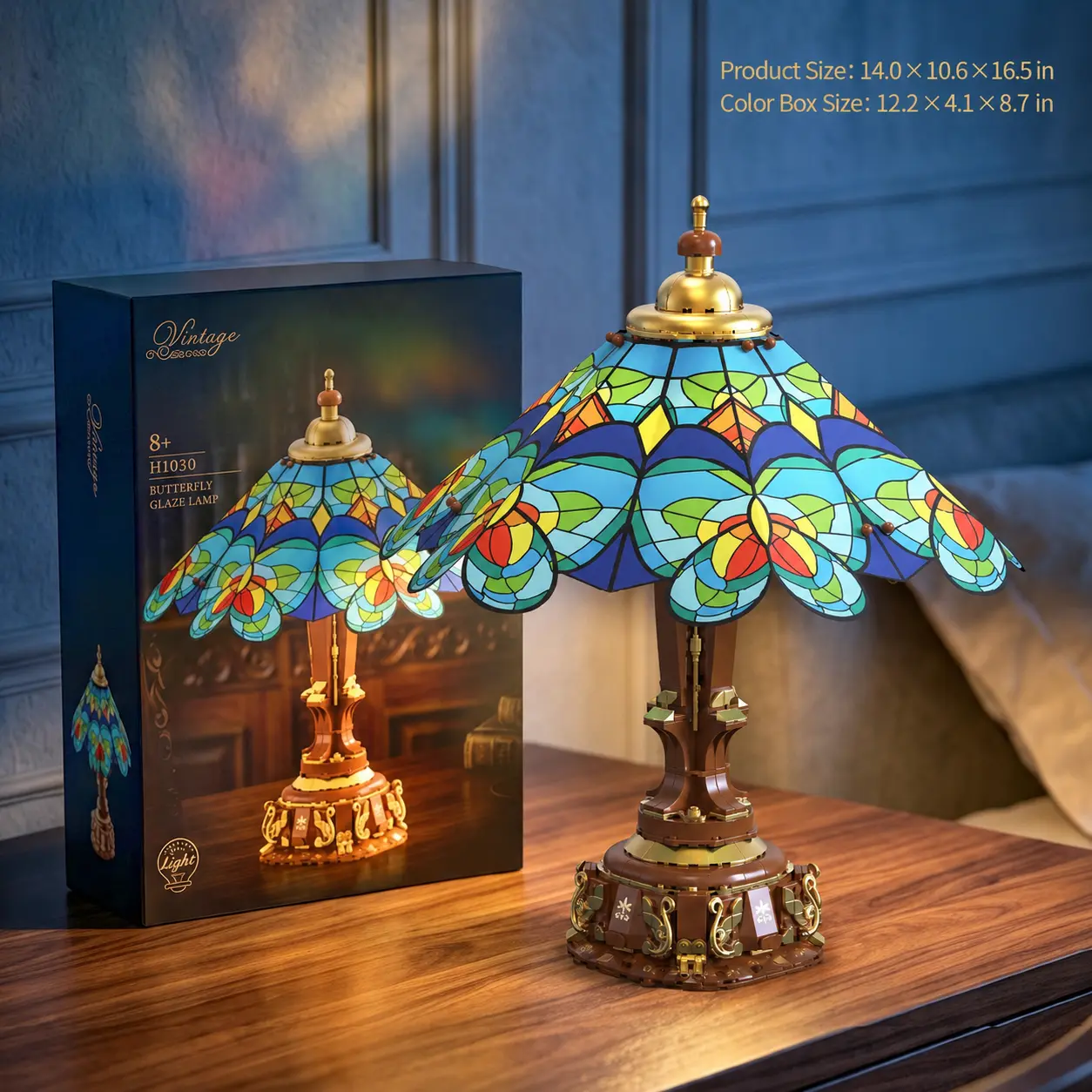 Vintage Stained Glass Style Table Lamp Building Block Set, 874-Piece with Light, Colorful Butterfly Shade DIY European Home Decor Gift for Adults Teens brick desktop decor hands on toy fun christmas magical