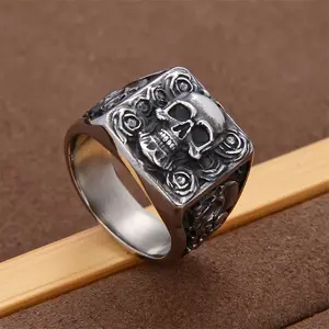 1pcs Stainless Steel Vintage Gothic Skull and Rose Men's Ring, Single Band No Plating, No Inlay - Halloween Fashion Jewelry