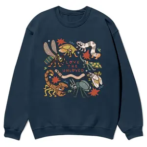 “Love The Unloved” Insects Lover Bugs crewnecks for men and women, full color fall sweatshirts, fun and cozy patterned sweaters, unisex fall clothing