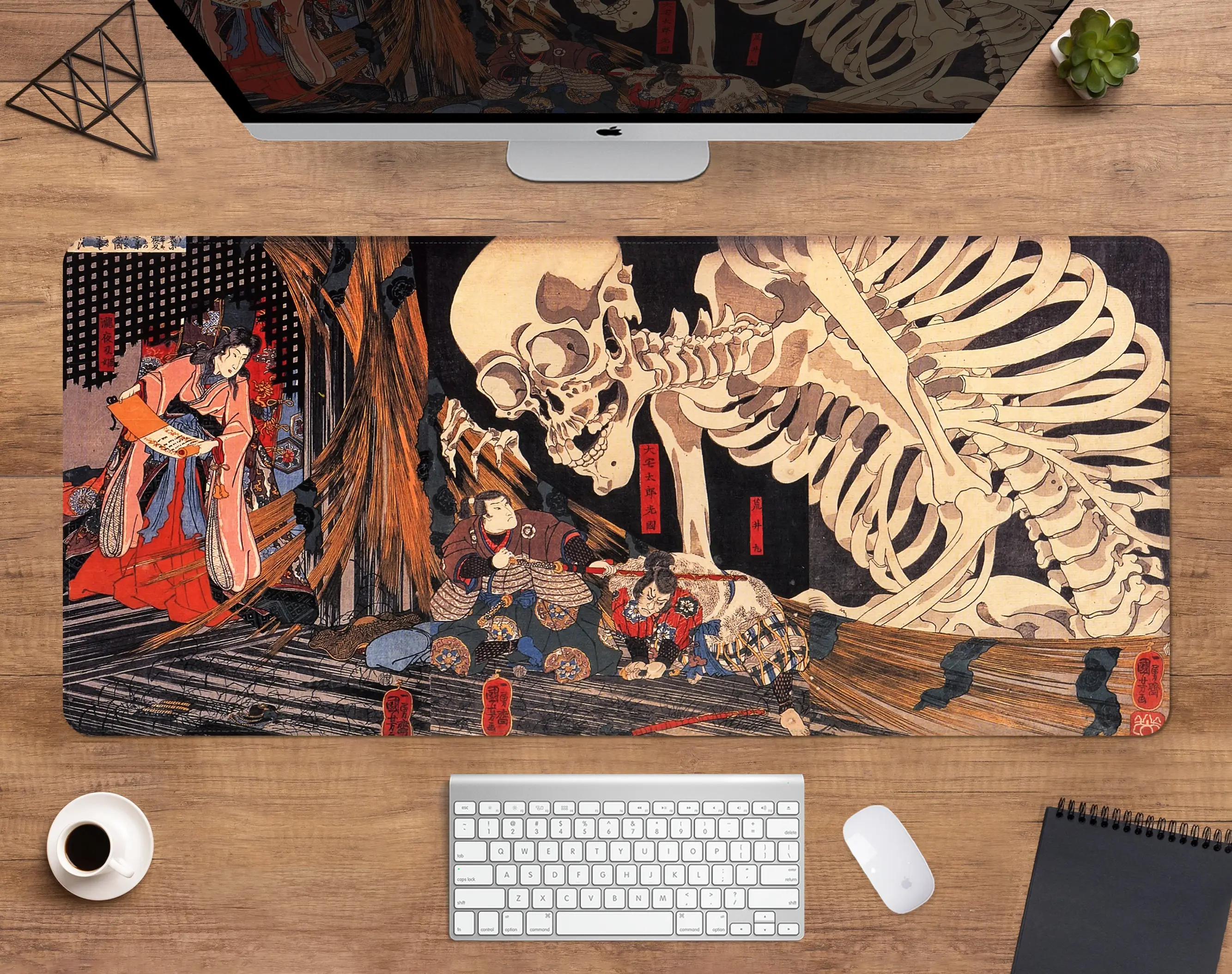 Japanese Desk Mat woodblock print mousepad xl, Utagawa Kuniyoshi skeleton, hiroshige hokusai edo period, xxl japan aeshetic deskmat
