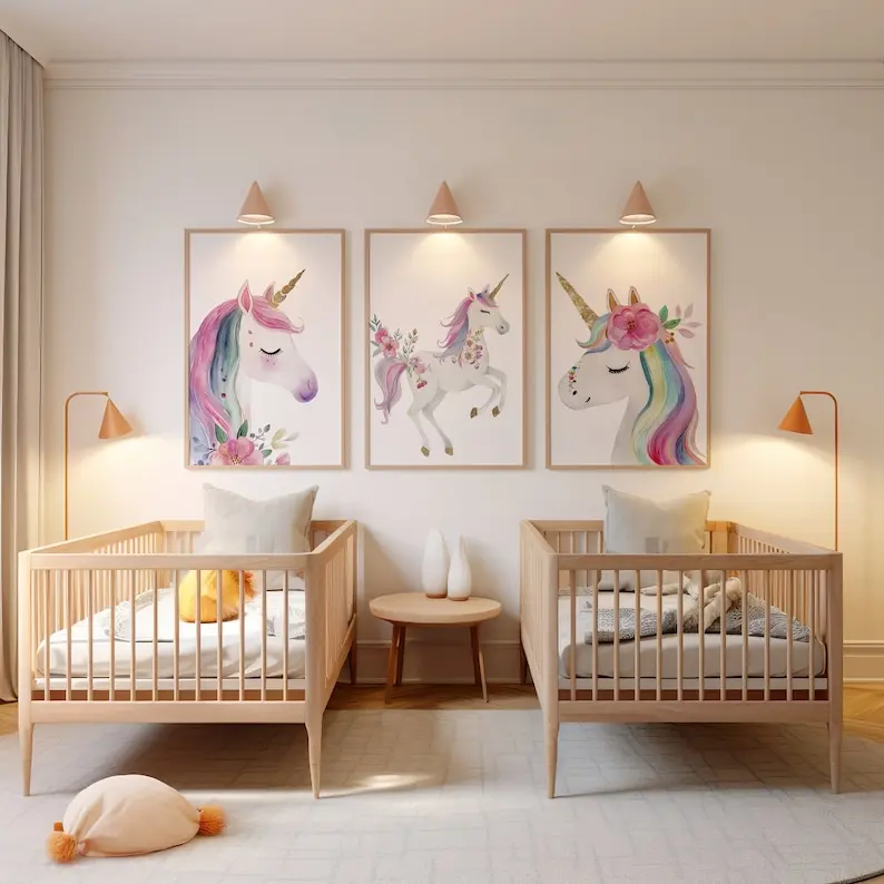 Set of 3 Unicorn Wall Art Prints, Unicorn Nursery Decor, Girl Bedroom Wall Art, Whimsical Unicorn Posters, Kids Room Décor