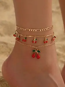 3 Piece Set Style Beaded Multi-Layer Anklet Set with Rhinestone Cherry Design, Casual Layered Foot Jewelry for All Seasons